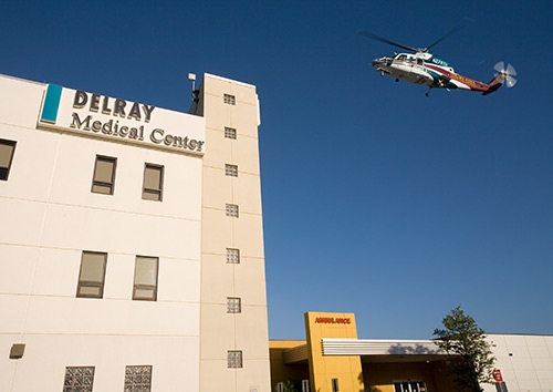 The Trauma Hawk flying by the Delray Medical Center