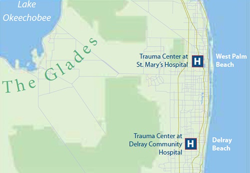 South Florida map with the locations of St Marys Medical Center and Delray Medical Center marked