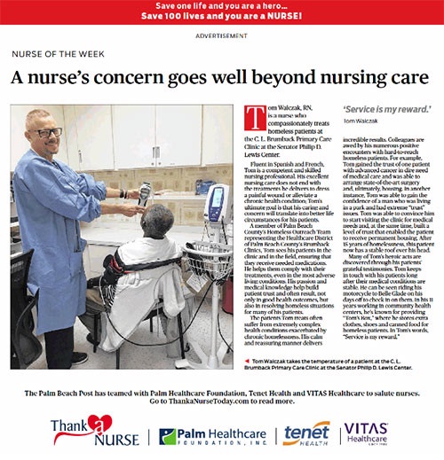 An article clipping showing Tom with the title A nurses concern goes well beyond nursing care