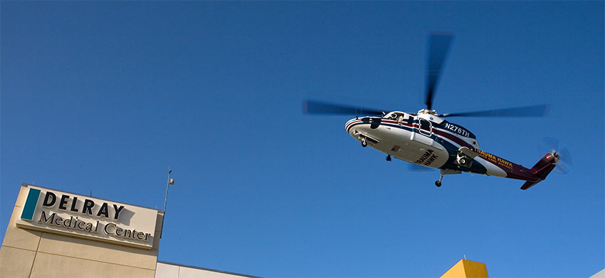 The Trauma Hawk flying over Delray Medical Center