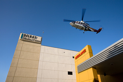 Trauma Hawk flying over the Delray Medical Center