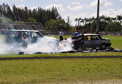 Students then gathered at the school’s athletic field, where a car crash re-enactment