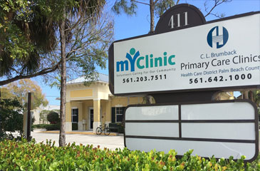 The MyClinc and Primary Care Clinics sign outside of the new Jupiter Clinic