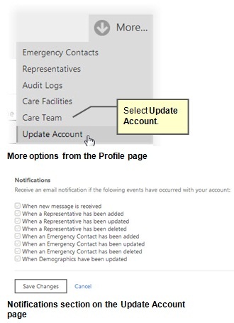 Screenshot of  the Update Account menu option from the Profile page