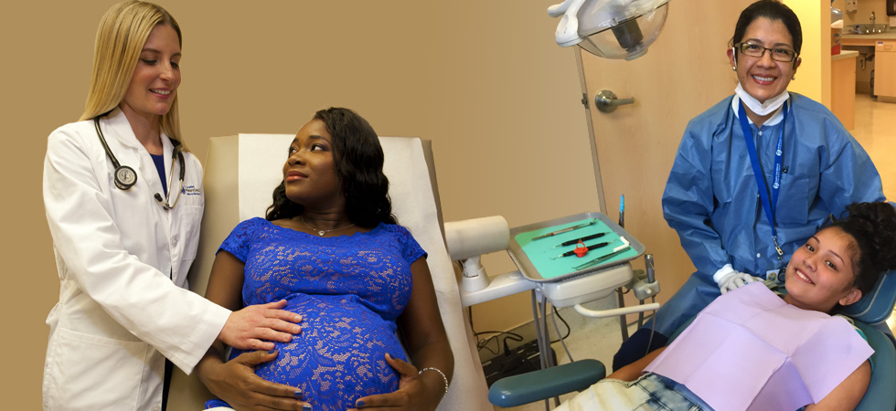 On the left a doctor sees a pregnant patient, on the right a dentist is with a reclining patient.